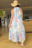 Made In Italy Paradise In Bloom Tiered Long Dress Sky And Rose /20 =